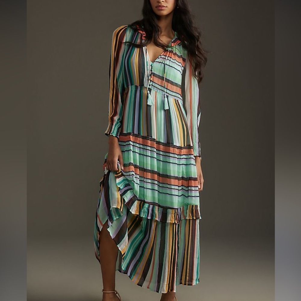 NWOT Anthropologie The Marais Printed Striped Chiffon Maxi Dress - Picture 1 of 6